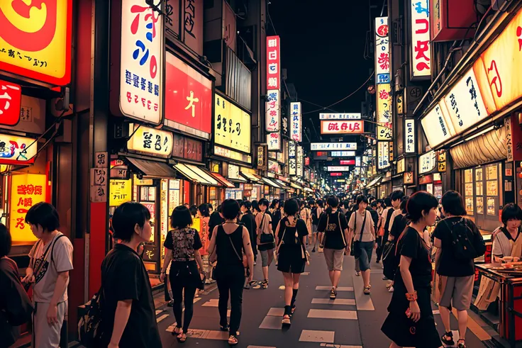 masterpiece, best quality, (realistic, highly detailed), shibuya at night, side street, colorful, shops, restaurants, neon signs, paper lanterns