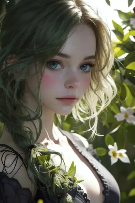 safe_pos, concept sketch for a video game, 1dk, a (beautiful short petite witch), cute face and eyes, small breasts, smaller breasts, (looking at viewer), upper body portrait, blushing, slim body, skinny, flowers, herbs, potions, wooden shack, (loose clothing), shy, (beautiful, long straight hair blowing in the wind), windy, standing in the foreground, beautiful enchanted pine forest, dynamic lighting, happy tone,