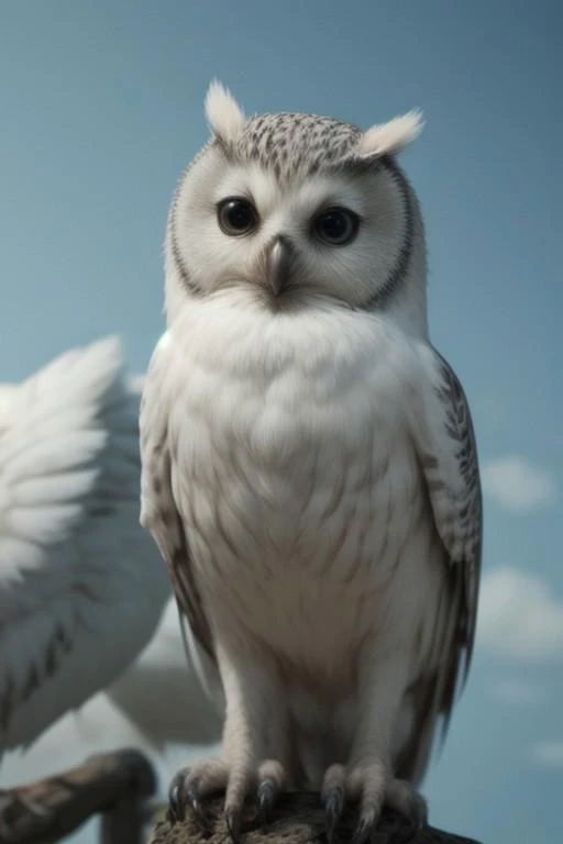 long shot scenic professional photograph of a cute fluffy owl chick with big bright eyes, centered composition with soft white feathers and a playful expression. A light pastel background with gentle curves enhances the scene. A detailed 3D rendering capturing warm lighting, soft shadows, and fuzzy texture, perfect viewpoint, highly detailed, wide-angle lens, hyper realistic, with dramatic sky, polarizing filter, natural lighting, vivid colors, everything in sharp focus, HDR, UHD, 64K