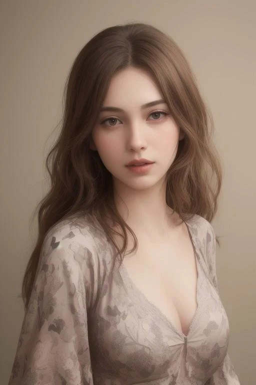 comfy, woman, long hair, solo focus, realistic, lips, blurry, breasts, cleavage, looking at viewer, floral print, brown eyes, upper body, blurry background, wavy hair