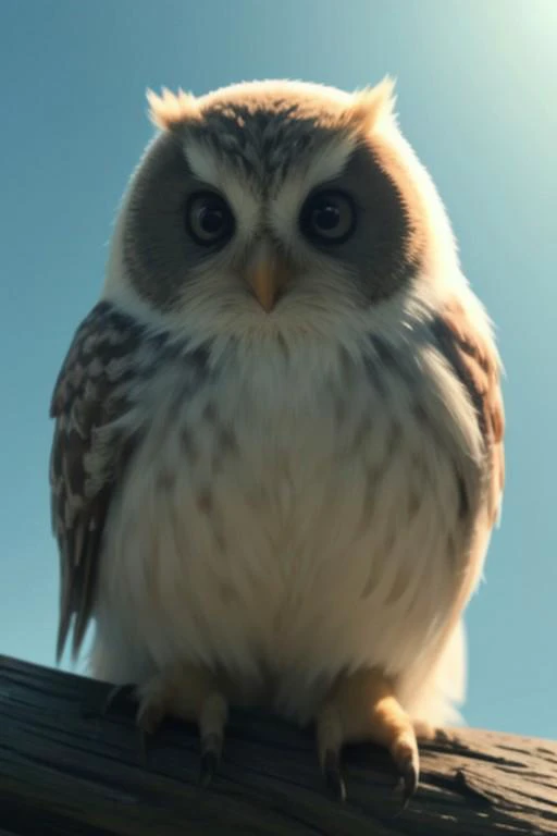 long shot scenic professional photograph of a cute fluffy owl chick with big bright eyes, centered composition with soft white feathers and a playful expression. A light pastel background with gentle curves enhances the scene. A detailed 3D rendering capturing warm lighting, soft shadows, and fuzzy texture, perfect viewpoint, highly detailed, wide-angle lens, hyper realistic, with dramatic sky, polarizing filter, natural lighting, vivid colors, everything in sharp focus, HDR, UHD, 64K