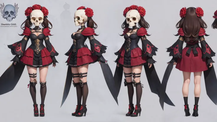best quality, masterpiece, character sheet, skull girl