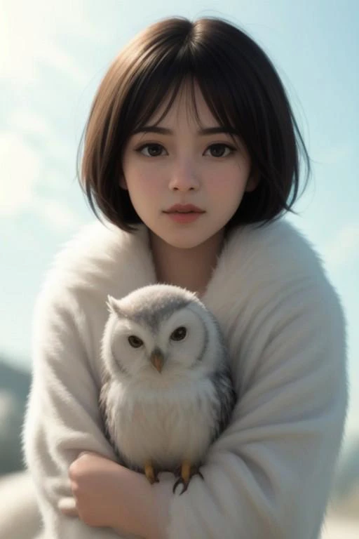 long shot scenic professional photograph of a cute fluffy owl chick with big bright eyes, centered composition with soft white feathers and a playful expression. A light pastel background with gentle curves enhances the scene. A detailed 3D rendering capturing warm lighting, soft shadows, and fuzzy texture, perfect viewpoint, highly detailed, wide-angle lens, hyper realistic, with dramatic sky, polarizing filter, natural lighting, vivid colors, everything in sharp focus, HDR, UHD, 64K