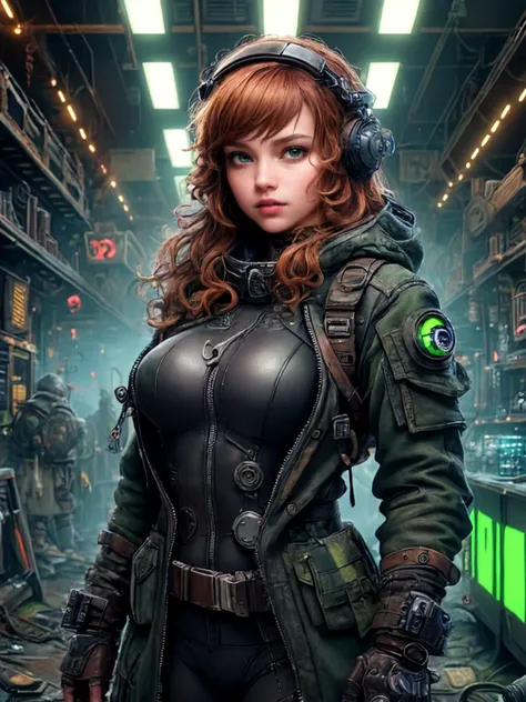 best quality, masterpiece, jp-Kraasni-50 1girl, looking at viewer, solo, upper body, detailed background, detailed face, (<lora:OrkStyleAISD15:0.6>, OrkstyleAI theme:1.1), evil high-tech futuristic hacker, advanced technology, coat, techwear, keycard, electronics, flickering neon colors, access granted, barcode, cryptography, abandoned tech factory in background, green lights, stealth, dark sinister atmosphere, <lora:detail_slider_v4:2>