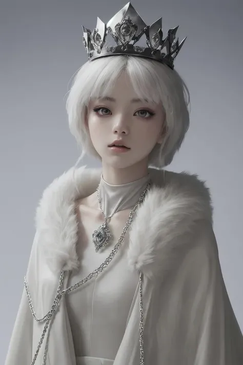 safe_pos, A mesmerizing yet menacing Korean woman stands with confidence, dressed in an elegant but attractive silk gown that is ivory and white with shimmering sequence, body is flowing with white shadow we mist, the fabric clinging to her figure extremely seductively with split up by on both sides held together by diamond chains from top to bottom. Smoky white and black eye shadow that doesn't overpower her looks but makes her look seductive. Shoulders and
bare except for an extremely gorgeous ice shaped shimmering shining diamond necklace that takes up her neck space. She wears a luxurious long coat white chinchilla adds to her regal and imposing presence. A simple yet simplistic Royal Crown to match the outfit Her long, her hair is a translucent white almost spiritual white color cascades wildly down to her elbow vibrant waves, glowing against the soft silk and fur. Her eyes gleam with intensity, and her expression conveys both beauty and an underlying danger. She is a shadow demon put her on a throne enhancing her captivating yet intimidating aura. but realistic R = (K + O + J + M + Ki + GD + T^5 + X) × U × C
