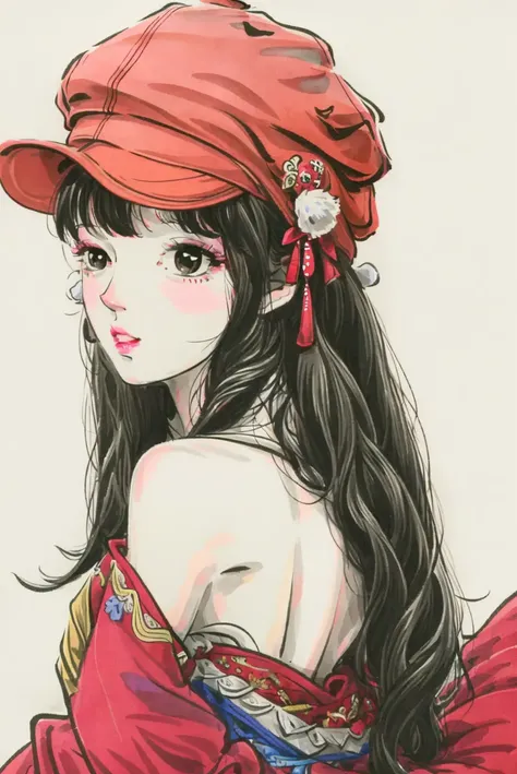 <lora:chichi_v1-000008:0.9>, (simple background, white background),
1girl, bangs, bare shoulders, black eyes, black hair, blunt bangs, collarbone, hair ornament, hair stick, hair tubes, hat, hime cut, japanese clothes, lips, long hair, looking to the side, makeup, pom pom \(clothes\), solo, tokin hat, upper body,(masterpiece:1.4),(best quality:1.4)