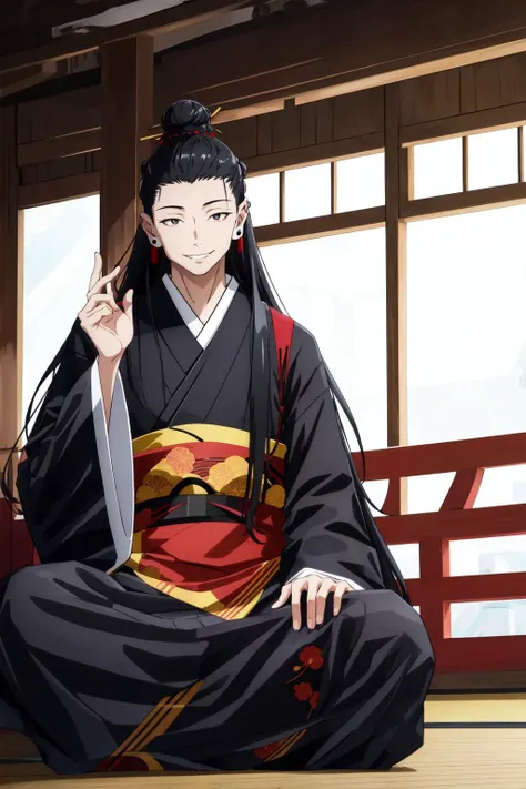 getou, solo, long hair, looking at viewer, smile, black hair, long sleeves, 1boy, full body, male focus, japanese clothes, indoors, hand up, wide sleeves, kimono, hair bun, black eyes, piercing, single hair bun, ear piercing, tsurime, head rest, tabi, black kimono, hair pulled back, kesa <lora:Getou-01:1>