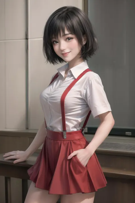 (masterpiece, top quality, best quality, beautiful and aesthetic:1.2), 1girl, solo,  extremely detailed, highest detailed,
<lora:chibi_maruko:0.8>1girl, chibi, cbmrk,suspenders, black hair, short hair, red skirt, white shirt, smile, <lora:add_detail:1> standing, school, bust shot,