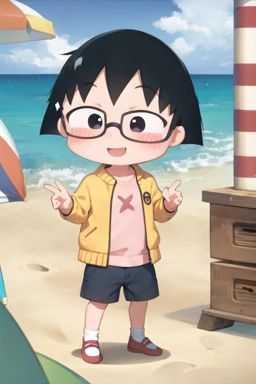chibi, cbmrk, , black hair, short hair, black eyes, short pants, jacket, glasses, smile, beach <lora:chibi_maruko-000003:1>