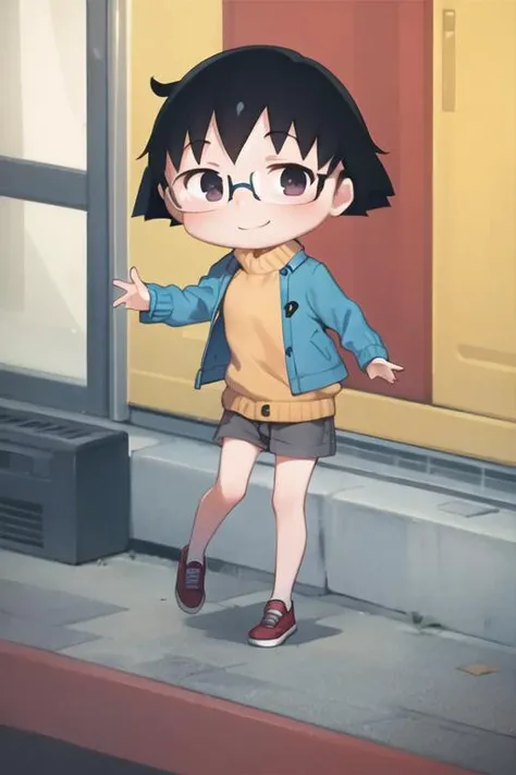 chibi, cbmrk, , black hair, short hair, black eyes, short pants, jacket, glasses, smile, balcony <lora:chibi_maruko-000003:1>