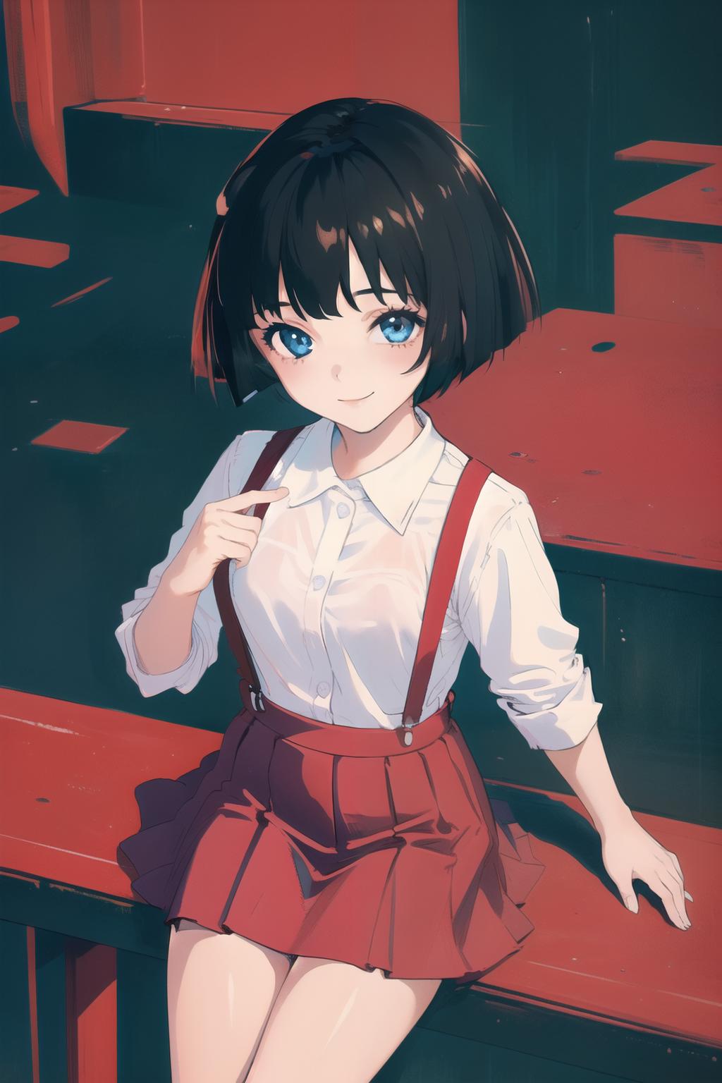 Anime girl in a short skirt and white shirt sitting on a bench - SeaArt AI