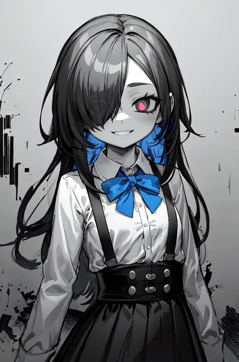 masterpiece,best quality,upper body,1girl,small breasts,collared_shirt and flared_skirt as material3,greyscale with colored background,washi tape \(medium\),glitch,hair over one eye,blue sclera,evil smile,﻿from outside
Negative prompt: (worst quality, low quality:1.4), username, text, lowres, blurry, monochrome,NG_DeepNegative_V1_75T, EasyNegativeV2,nsfw,
Steps: 20, Sampler: DPM++ 2M Karras, CFG scale: 6, Seed: 1805716162, Size: 512x768,