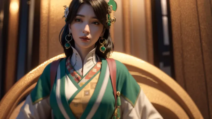 a woman with a green and gold head piece and a green and gold necklace and a green and white kimono, (1girl:0.971), (3d:0.917), (black hair:0.839), (blurry:1.000), (blurry background:1.000), (blurry foreground:1.000), (bokeh:0.525), (building:0.541), (chinese clothes:0.858), (chromatic aberration:0.755), (city:0.500), (closed mouth:0.524), (depth of field:1.000), (earrings:0.789), (hair ornament:0.519), (jewelry:0.678), (lips:0.669), (looking at viewer:0.778), (motion blur:0.957), (photo \(medium\):0.801), (photo background:0.930), (photorealistic:0.581), (solo:0.769), (upper body:0.803)
