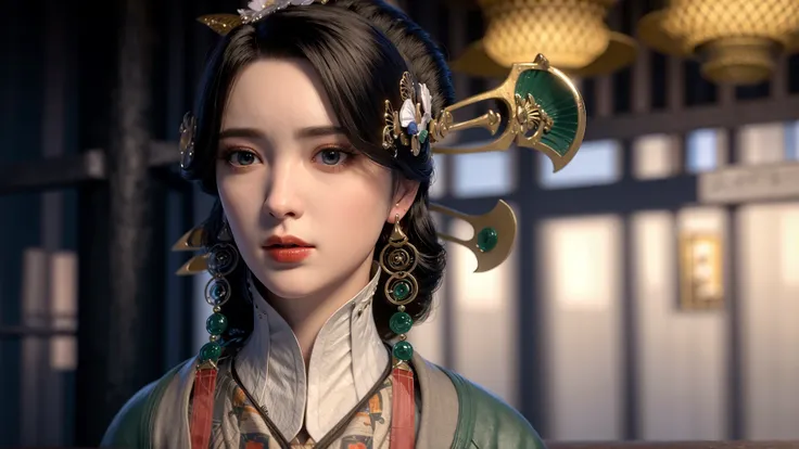 a woman with a green dress and a headpiece with a bird on it's head and a green dress with a red ribbon around her neck, (1girl:0.992), (black hair:0.598), (blue eyes:0.644), (blurry:1.000), (blurry background:0.998), (blurry foreground:0.993), (chinese clothes:0.753), (closed mouth:0.645), (depth of field:1.000), (earrings:0.667), (hair ornament:0.919), (hanfu:0.534), (indoors:0.604), (jewelry:0.592), (lips:0.658), (long hair:0.531), (looking at viewer:0.816), (motion blur:0.566), (solo:0.918), (upper body:0.657)