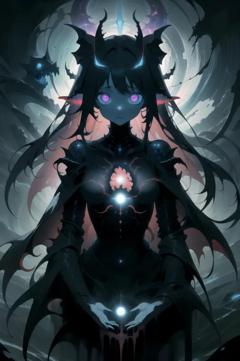 1girl, (solo), aquatic, (harbor), blue lighting, shadow mist, kozmos, demonic, horns, (spiky hair), (messy hair), cute face, floating hair, glowing chest, mossy, (body carvings), (tentacles:1.1), (veins), elegant figure, celestial, lovecraftian, horror, terrifying atmosphere, (masterpiece), (hyper detailed), (intricate detail), [high contrast], 4k, dark colors, dynamic, best quality, absurdres, <lora:Cosmic_Beings-LoRA:0.8>,