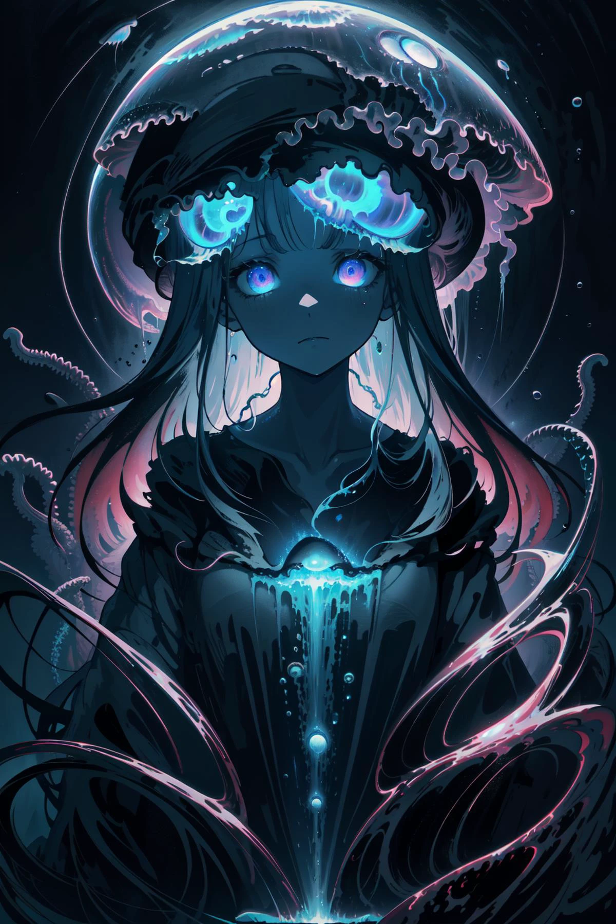 best detailed, (glowing background),high light,(deep dark ocean horror fantasy:1.4),
, masterpiece, best quality, wide-angle Hyperdetailed, masterpiece, 8k, natural lighting, soft lighting, sunlight, HDR (High Dynamic Range), Maximum Clarity And Sharpness, Multi-Layered Textures,
(cthulhu,Acheron,fluorescent jellyfish:1.3),(fusion of humans and monsters),(hopeless, helpless),rainstorm,tsunami,whale,style of panicky, dark blue theme, dark theme,white theme,((suffocating sense of oppression: 1)),
(floating water drops, time stasis,:1.2),
glowing eyes,((jellyfish girl, jellyfish tentacle hair, bioluminescence)), neon green skin, glowing, solo, dynamic angle, floating, beautiful detailed sky, on beautiful detailed water,
beautiful detailed eyes, expressionless, side blunt bangs, hairs between eyes,bare shoulders,detailed wet clothes, blank stare,
lens flare,light leaks,
<lora:Cosmic_Beings-LoRA:0.5> kozmos, surreal zdzislaw beksinski style hands faces planets space kozmos landscapes stars galaxies cosmic beings gods,evil smile,malicious