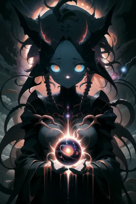 1girl, (solo), alternate dimension, kozmos, demonic, horns, (spiky hair), (messy hair), cute face, armor, floating hair, glowing chest, (body carvings), (tentacles:1.1), (veins), elegant figure, (thunder tendrils), magic sparks, clouds, celestial, lovecraftian, horror, terrifying atmosphere, (masterpiece), (hyper detailed), (intricate detail), [high contrast], 4k, dark colors, dynamic, best quality, absurdres, <lora:Cosmic_Beings-LoRA:0.8>,