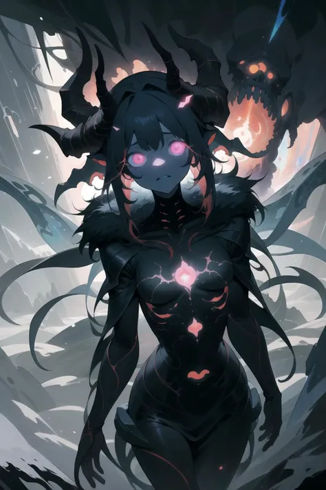 1girl, (solo), (winter:1.1), arctic, (snow:1.3), (ice), ithaqua, (snow on body), (covered in snow), yotun, (fur:1.2), alternate dimension, kozmos, demonic, horns, (spiky hair), (messy hair), cute face, floating hair, glowing chest, (body carvings), (tentacles:1.1), (veins), elegant figure, celestial, lovecraftian, horror, terrifying atmosphere, (masterpiece), (hyper detailed), (intricate detail), [high contrast], 4k, dark colors, dynamic, best quality, absurdres, <lora:Cosmic_Beings-LoRA:0.8>,