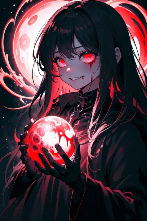 (thriller theme,bloody violence themes:1.3),
good detailed, (glowing background),
, masterpiece, best quality, wide-angle Hyperdetailed, masterpiece, 8k, natural lighting, soft lighting, sunlight, HDR (High Dynamic Range), Maximum Clarity And Sharpness, Multi-Layered Textures,
looking at viewers,close to viewers,night,unholy,
(faith of the deceased,absolutely malicious cult,human sacrifice ceremony,eerie black fog and blood mist,eerie frenetic smile:1.4),(severe bleeding, self-mutilation:1.4)
1 devil girl,upper body,perfect detailed eyes and face,frown,red eyes,white hair,skulls and bones theme's dressing,beautiful detailed black gothic dress,blood tears
(a cult temple built entirely from human bones:1.4),
(glowing eyes,messy long hair:1.5),
lens flare,light leaks,
 <lora:Cosmic_Beings-LoRA:0.2> kozmos, surreal zdzislaw beksinski style hands faces planets space kozmos landscapes stars galaxies cosmic beings gods,evil smile,malicious