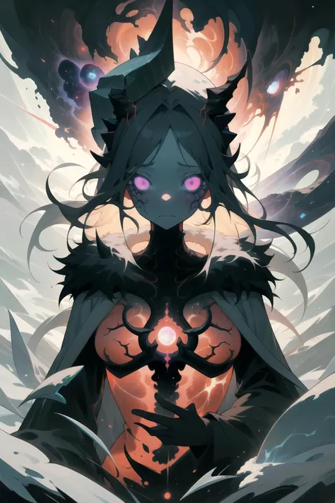 1girl, (solo), (winter:1.1), arctic, (snow:1.3), (ice), ithaqua, (snow on body), (covered in snow), yotun, (fur:1.2), alternate dimension, kozmos, demonic, horns, (spiky hair), (messy hair), cute face, floating hair, glowing chest, (body carvings), (tentacles:1.1), (veins), elegant figure, magic sparks, clouds, celestial, lovecraftian, horror, terrifying atmosphere, (masterpiece), (hyper detailed), (intricate detail), [high contrast], 4k, dark colors, dynamic, best quality, absurdres, <lora:Cosmic_Beings-LoRA:0.8>,