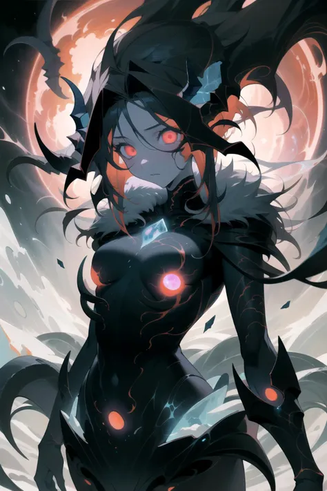 1girl, (solo), (winter:1.1), arctic, (snow:1.3), (ice), ithaqua, (snow on body), (covered in snow), yotun, (fur:1.2), alternate dimension, kozmos, demonic, horns, (spiky hair), (messy hair), cute face, floating hair, glowing chest, (body carvings), (tentacles:1.1), (veins), elegant figure, celestial, lovecraftian, horror, terrifying atmosphere, (masterpiece), (hyper detailed), (intricate detail), [high contrast], 4k, dark colors, dynamic, best quality, absurdres, <lora:Cosmic_Beings-LoRA:0.8>,