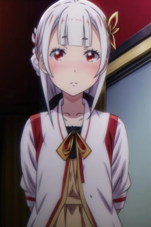 <lora:kuon_tsuchimikado:0.9>kuon_tsuchimikado, red_eyes,white_hair, blush, eyebrows_visible_through_hair,parted_lips,
, black_legwear,, kneehighs,brown loafers, neck_ribbon,blue dress