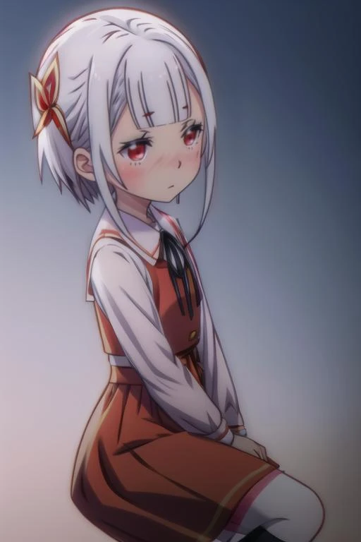 <lora:kuon_tsuchimikado:0.9>kuon_tsuchimikado, red_eyes,white_hair, blush, eyebrows_visible_through_hair,parted_lips,
, black_legwear,, kneehighs,brown loafers, neck_ribbon,blue dress