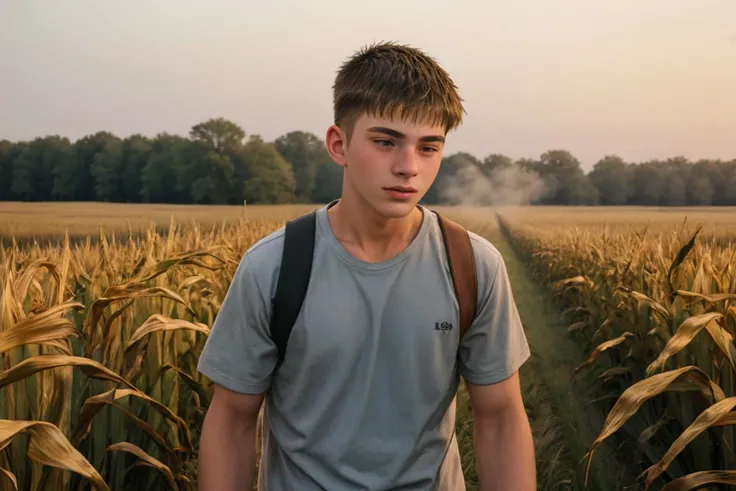 epiCPhoto, gritty analog photograph of, a 19yo male, walking through a field of corn, cornfield, early morning, mist, sharp focus, dynamic angle, a 19yo dg_Jesse boy, <lora:dg_Jesse_v1:0.8>, hyperdetailed,