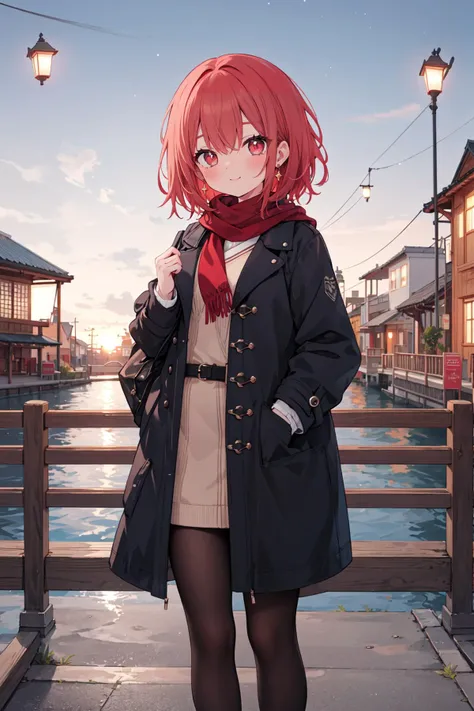 (masterpiece), (best quality), highres, highly detailed, an extremely delicate and beautiful, lens_flare, 
1 girl, solo, [tiny:medium:0.7] breasts, madder red hair, (wavy hair ends), (short hair), beautiful red eyes, ruby textured pupils, (smiley and round eyes), blush, trembling, ð¥¶, 
looking_at_viewer, One hand in pocket, standing, belt, black_legwear, earrings, long_sleeves, long_scarf, pantyhose, overcoat, 
lanterns, sunset, outdoors, building, bridge