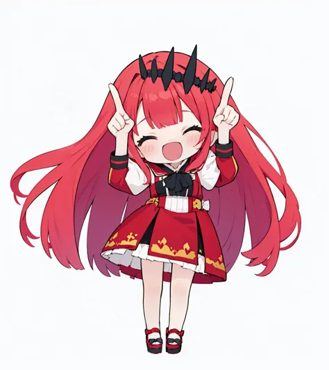 1girl,solo, <lora:char-Bsith2tirara:1> tiara,red hair, long hair,  ,, open mouth, <lora:Internet Yamero-UP:0.75> ,smile, chibi, full body,   internet yamero, smile, open mouth, finger raised, ^ ^, closed eyes, simple background