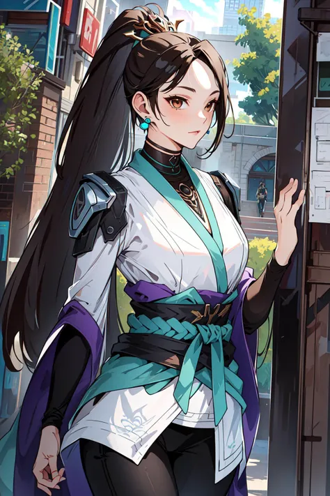 (masterpiece, best quality:1.2), intricate details, <lyco:GoodHands-beta2:1>, <lora:sage:0.7>, sage(valorant), 1girl, sage bodysuit, sash, black pants, ponytail, earrings, brown eyes