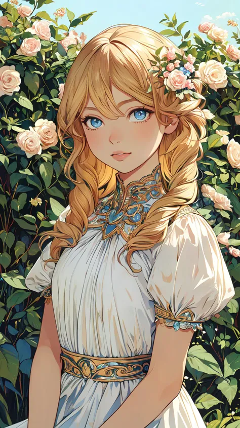 (masterpiece), (best quality), (ultra-detailed), (best illustration),(best shadow), (detailed eyes:1.1),
1girl, blonde hair, outdoors, flower, sitting, upper body, portrait, fantasy style, white dress, 
<lora:tbh132-:0.6> style of Walter Crane,