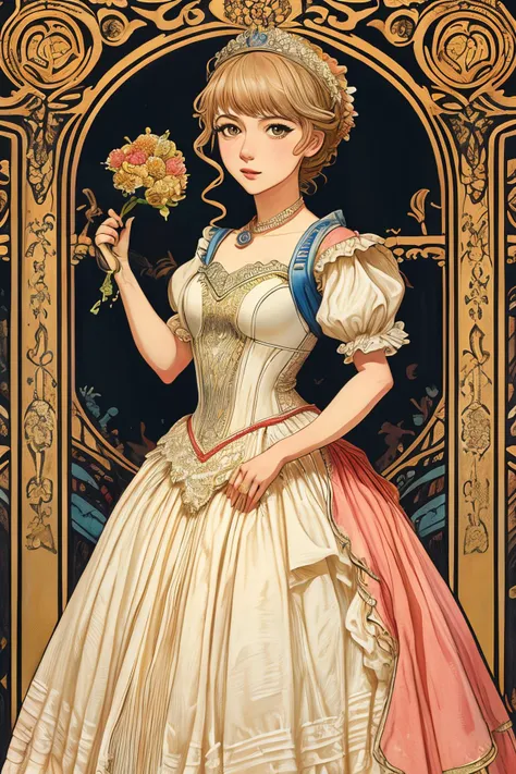 masterpiece,best quality,<lora:tbh132-:0.8>,idolmaster cinderella girls,illustration,painting,style of Walter Crane,