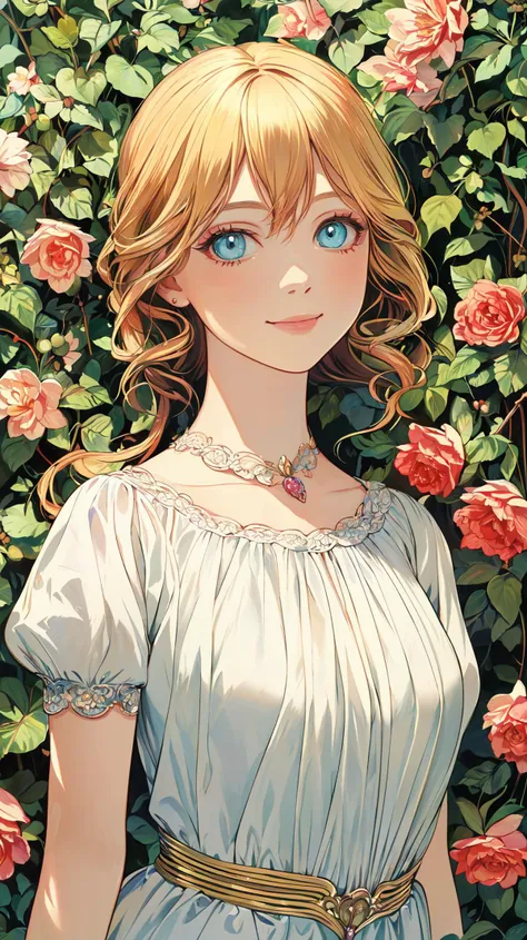 (masterpiece), (best quality), (ultra-detailed), (best illustration),(best shadow), (detailed eyes:1.1),
1girl, blonde hair, outdoors, flower, upper body, portrait, fantasy style, white dress, light smile, closed mouth, 
<lora:tbh132-:0.6> style of Walter Crane,