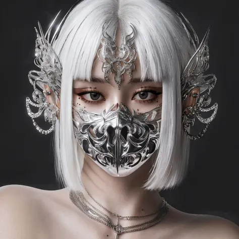 1 girl, (white hair), (ultra detailed eyes:1.1), (portrait, looking at viewer:1.1), chrometype, chrome effect, (metal ornaments face mask:1.2), (metal chrome ornaments, metal chrome facewear:1.4), <lora:Chrometype-000002:1.2:OUTD>, (masterpiece,best quality:1.5), ultra realistic,32k,RAW photo,(high detailed skin:1.2), 8k uhd, vibrant colors