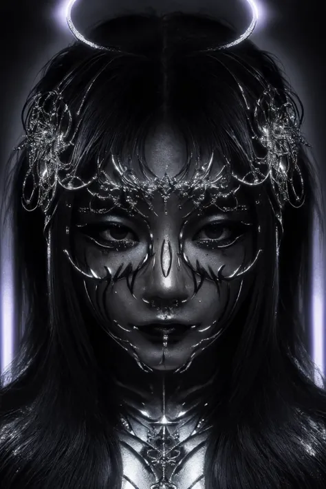1 girl, (black hair), (ultra detailed eyes:1.1), (portrait, looking at viewer:1.1), chrometype, chrome effect, (black metal ornaments cover eyes), (black light metal chrome ornaments, black metal chrome facewear:1.4), <lora:Chrometype-000002:1.2:OUTD>, (masterpiece,best quality:1.5), ultra realistic,32k,RAW photo,(high detailed skin:1.2), 8k uhd, vibrant colors