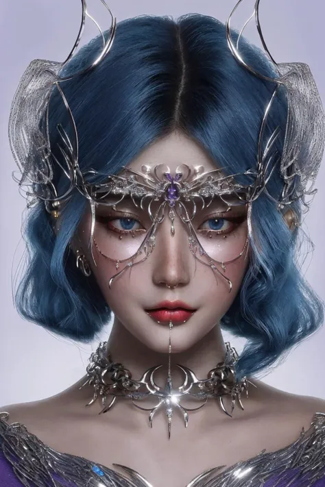 1 girl, (blue hair), (ultra detailed eyes:1.1), (portrait, looking at viewer:1.1), chrometype, chrome effect, (violet metal ornaments cover eyes), (violet metal chrome ornaments, blue metal chrome facewear:1.4), <lora:Chrometype-000002:1.2:OUTD>, (masterpiece,best quality:1.5), ultra realistic,32k,RAW photo,(high detailed skin:1.2), 8k uhd, vibrant colors