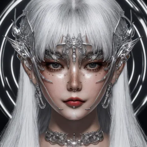 1 girl, (white hair), (ultra detailed eyes:1.1), (portrait, looking at viewer:1.1), chrometype, chrome effect, (metal ornaments cover eyes), (metal chrome ornaments, metal chrome facewear:1.4), <lora:Chrometype-000002:1.2:OUTD>, (masterpiece,best quality:1.5), ultra realistic,32k,RAW photo,(high detailed skin:1.2), 8k uhd, vibrant colors