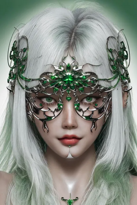 1 girl, (white hair), (ornaments headwear:1.1), (ultra detailed eyes:1.1), (portrait, looking at viewer:1.1), chrometype, chrome effect, (green metal ornaments cover eyes), (green metal chrome ornaments, green metal chrome facewear:1.4), <lora:Chrometype-000002:1.2:OUTD>, (masterpiece,best quality:1.5), ultra realistic,32k,RAW photo,(high detailed skin:1.2), 8k uhd