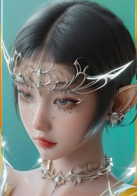 (detailed eyes, realistic eyes:1.4) feminine tiger, dark gradient background, (small neon orange streaks in (silver hair:1.2)), (metal mask over eyes:1.1), (portrait:1.1), chrometype, chrome effect, (metal ornaments covering eyes), crown tiara, bloom, glow, lens flare, 8 pointed star, elf ears, (aquiline, sleek, aerodynamic:1.4), (masterpiece,best quality), ultra realistic, 32k, RAW photo, (high detailed skin, glistening skin:1.2), 8k uhd, vibrant colors <lora:Chrometype:0.9>