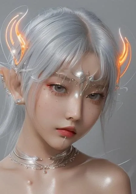 showing her nipples, (detailed eyes, realistic eyes:1.4) feminine tiger, dark gradient background, (small neon orange streaks in (silver hair:1.2)), (metal mask over eyes:1.1), (portrait:1.1), chrometype, chrome effect, (metal ornaments covering eyes), crown tiara, bloom, glow, lens flare, 8 pointed star, elf ears, (aquiline, sleek, aerodynamic:1.4), (masterpiece,best quality), ultra realistic, 32k, RAW photo, (high detailed skin, glistening skin:1.2), 8k uhd, vibrant colors <lora:Chrometype:0.9>