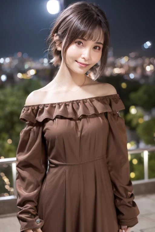 1girl, (wearing a light off-the-shoulder dress:1.4),(RAW photo, best quality), (realistic, photo-realistic:1.4), masterpiece, an extremely delicate and beautiful, extremely detailed, 2k wallpaper, Amazing, finely detail, extremely detailed CG unity 8k wallpaper, ultra-detailed, highres, soft light, beautiful detailed girl, extremely detailed eyes and face, beautiful detailed nose, beautiful detailed eyes,(cinematic lighting:0.8),(in the city at night:2.0),perfect anatomy,(slender body:1.8),smiling,(young girl:1.6),(close up:1.2),(look at viewer),(front view:1.4),cinematic angle,(cleavage:0.8),(wavy hair),(brown eyes:1.6), (standing:2.0), <lora:oomorinichika_lora-03:0.8>
