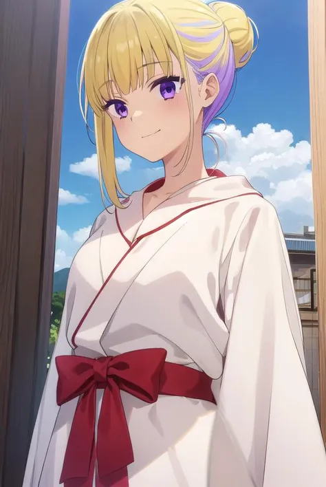 reimiitsushiro, <lora:reimi itsushiro s1-lora-nochekaiser:1>,
reimi itsushiro, bangs, blonde hair, (purple eyes:1.1), purple hair, multicolored hair, blunt bangs, hair bun, streaked hair, single hair bun, sidelocks, smile,
BREAK bow, bowtie, red bow, red footwear, red bowtie, robe, (white robe:1.5),
BREAK outdoors, sky, sun, clouds,
BREAK looking at viewer, (cowboy shot:1.5),
BREAK <lyco:GoodHands-beta2:1>, (masterpiece:1.2), best quality, high resolution, unity 8k wallpaper, (illustration:0.8), (beautiful detailed eyes:1.6), extremely detailed face, perfect lighting, extremely detailed CG, (perfect hands, perfect anatomy),