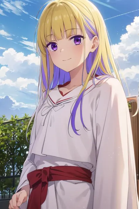 reimiitsushiro, <lora:reimi itsushiro s1-lora-nochekaiser:1>,
reimi itsushiro, long hair, bangs, blonde hair, (purple eyes:1.1), purple hair, ahoge, multicolored hair, blunt bangs, two-tone hair, smile,
BREAK bow, bowtie, red bow, red footwear, red bowtie, robe, (white robe:1.5),
BREAK outdoors, sky, sun, clouds,
BREAK looking at viewer, (cowboy shot:1.5),
BREAK <lyco:GoodHands-beta2:1>, (masterpiece:1.2), best quality, high resolution, unity 8k wallpaper, (illustration:0.8), (beautiful detailed eyes:1.6), extremely detailed face, perfect lighting, extremely detailed CG, (perfect hands, perfect anatomy),