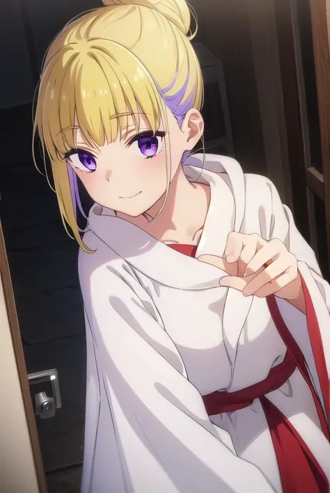 reimiitsushiro, <lora:reimi itsushiro s1-lora-nochekaiser:1>,
reimi itsushiro, bangs, blonde hair, (purple eyes:1.1), purple hair, multicolored hair, blunt bangs, hair bun, streaked hair, single hair bun, sidelocks, smile,
BREAK bow, bowtie, red bow, red footwear, red bowtie, robe, (white robe:1.5),
BREAK outdoors, sky, sun, clouds,
BREAK looking at viewer, (cowboy shot:1.5),
BREAK <lyco:GoodHands-beta2:1>, (masterpiece:1.2), best quality, high resolution, unity 8k wallpaper, (illustration:0.8), (beautiful detailed eyes:1.6), extremely detailed face, perfect lighting, extremely detailed CG, (perfect hands, perfect anatomy),