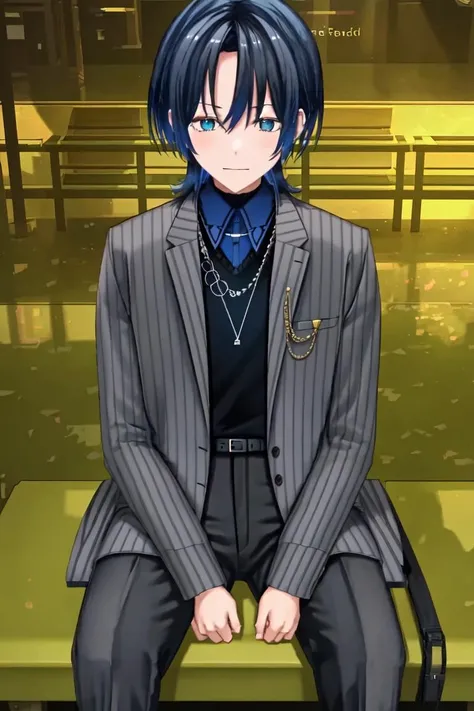 <lora:Ao:0.9>, 1girl, solo, hiodoshi ao, blue shirt, grey jacket, black sweater, necklace, black belt, black pants, outside, nature, bench, sitting, sitting on bench