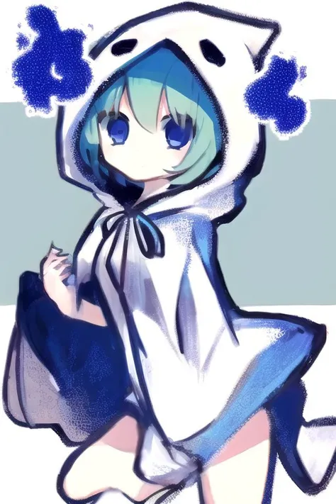 Yuuchan, 1girl, cowboy shot, thighs, ghost costume, ghost hoodie, aqua hair, blue eyes, <lora:yuuchan-puyopuyo-v1.0-sd1.5:0.9>