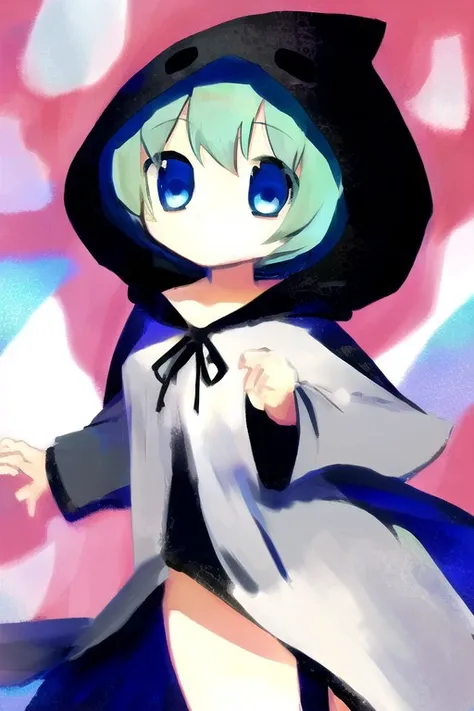 Yuuchan, 1girl, cowboy shot, thighs, ghost costume, ghost hoodie, aqua hair, blue eyes, <lora:yuuchan-puyopuyo-v1.0-sd1.5:0.9>