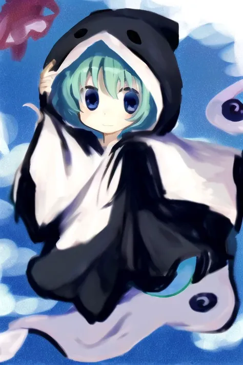 Yuuchan, 1girl, ghost costume, ghost hoodie, ghost tail, aqua hair, blue eyes, <lora:yuuchan-puyopuyo-v1.0-sd1.5:0.9>