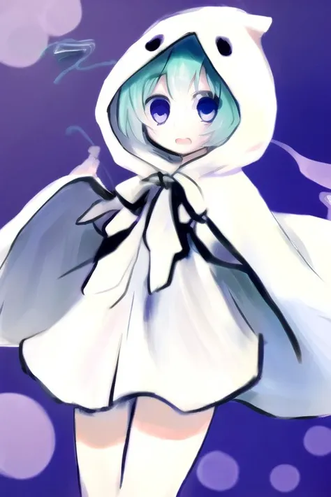 Yuuchan, 1girl, cowboy shot, thighs, ghost costume, ghost hoodie, aqua hair, blue eyes, <lora:yuuchan-puyopuyo-v1.0-sd1.5:0.9>